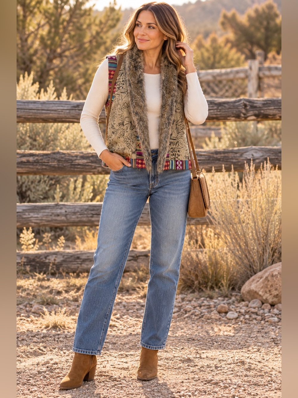 Chico’s Faux Fur Trim Southwestern Boho Sleeveless Vest, Artsy Western, Size 2 L